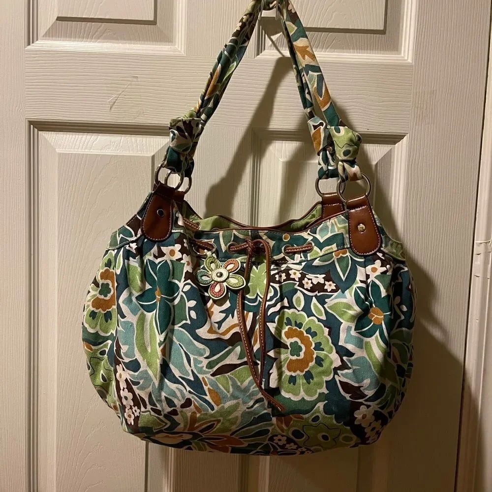 Croft & Barrow canvas floral large shoulder see bag with synthetic leather trim.